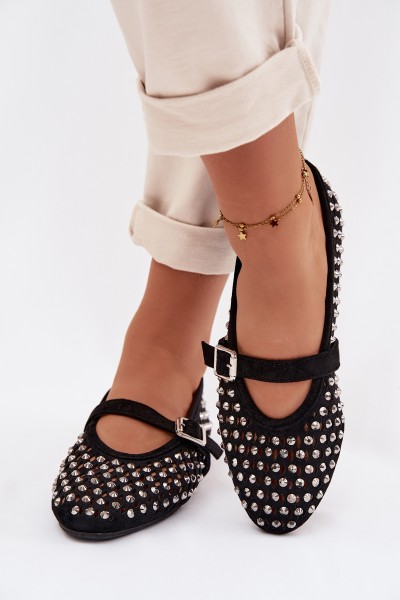 Women's Lace Ballerinas With Rhinestones And Strap Black Wilvessa