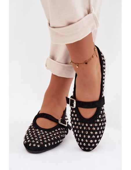 Moteriškos nėriniuotos balerinos su cirkoniais ir dirželiu, juodos Wilvessa