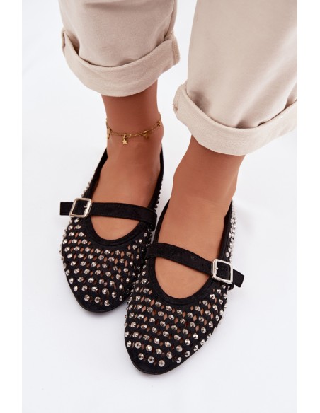 Moteriškos nėriniuotos balerinos su cirkoniais ir dirželiu, juodos Wilvessa