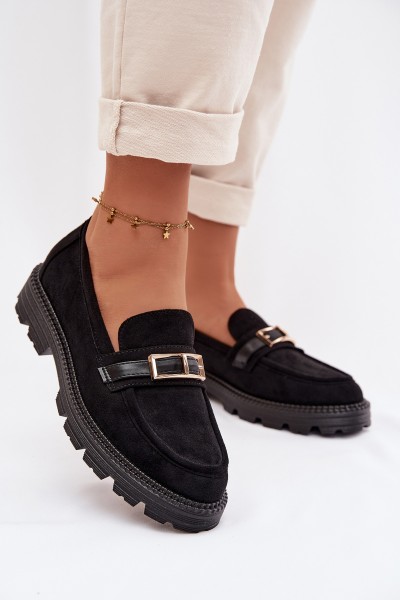 Women's Moccasins With Gold Buckle Black Mirelva