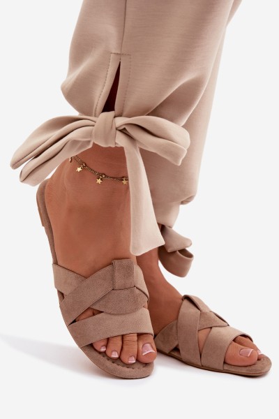 Women's Flat Dark Beige Slides With Straps Pavelle