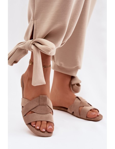 Women's Flat Dark Beige Slides With Straps Pavelle