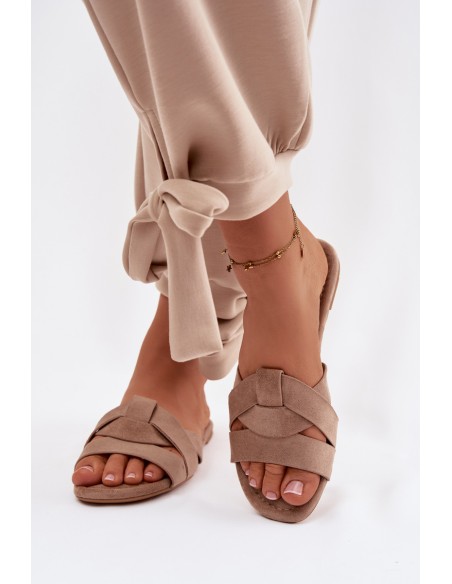 Moteriškos plokščiapadžiai tamsiai smėlio spalvos šlepetės su dirželiais Pavelle