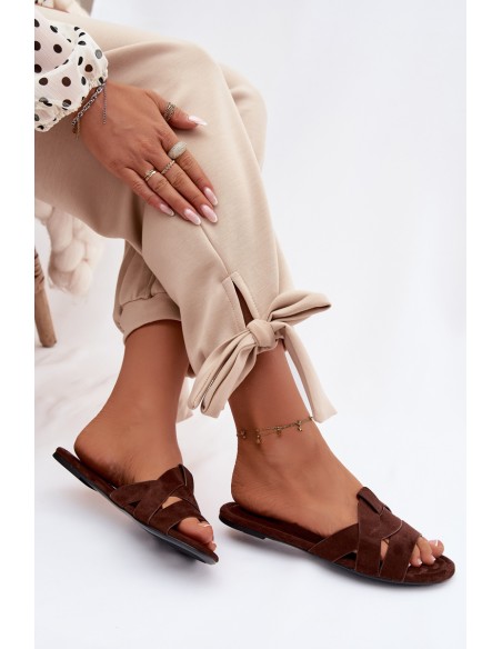 Moteriškos plokščios, šokolado spalvos „Pavelle“ šlepetės su dirželiais