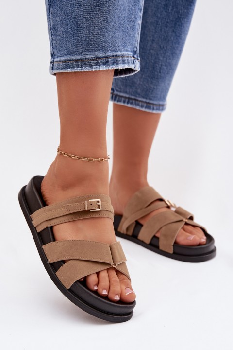Women's Slides With Straps And Gold Buckle Dark Beige Selorina