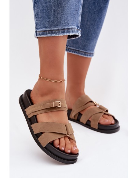 Women's Slides With Straps And Gold Buckle Dark Beige Selorina