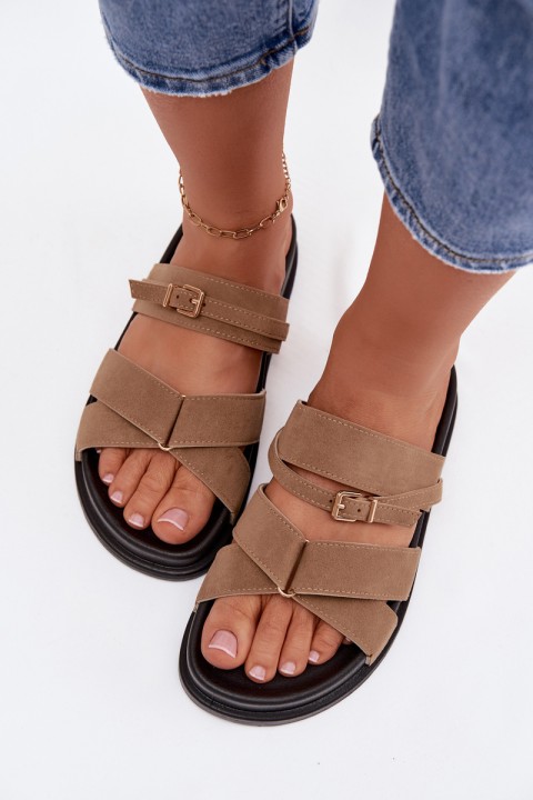 Women's Slides With Straps And Gold Buckle Dark Beige Selorina