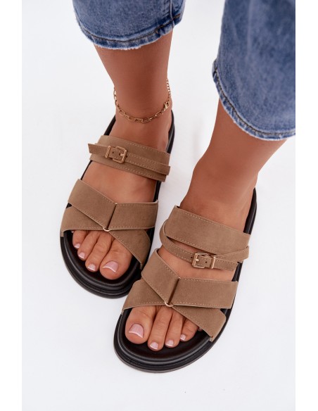 Women's Slides With Straps And Gold Buckle Dark Beige Selorina