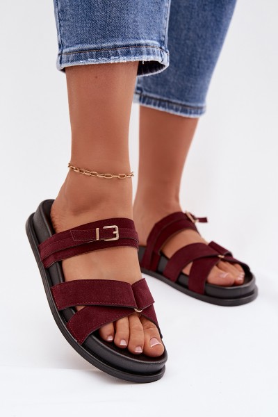 Women's Strappy Flat Bordeaux Gold Buckle Slides Selorina