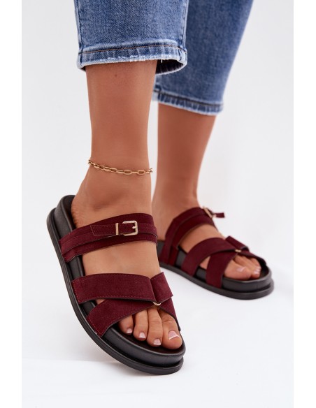 Women's Strappy Flat Bordeaux Gold Buckle Slides Selorina