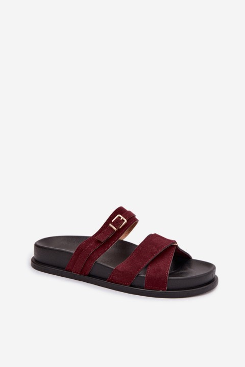 Women's Strappy Flat Bordeaux Gold Buckle Slides Selorina