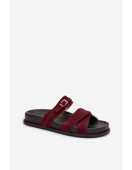 Women's Strappy Flat Bordeaux Gold Buckle Slides Selorina