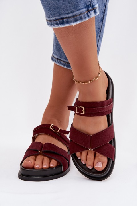 Women's Strappy Flat Bordeaux Gold Buckle Slides Selorina