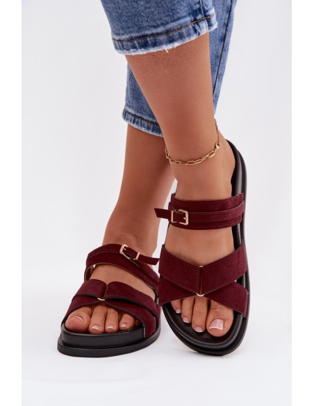 Women's Strappy Flat Bordeaux Gold Buckle Slides Selorina
