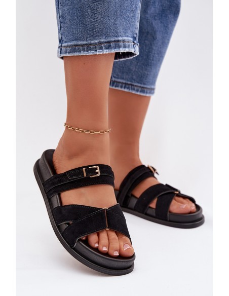 Women's Strappy Black Sandals With Gold Buckle Selorina