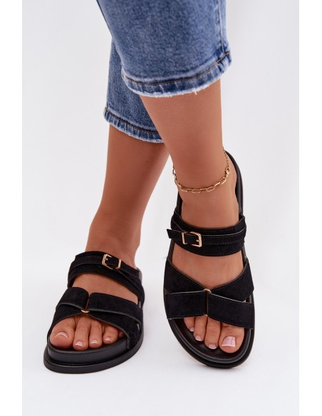 Women's Strappy Black Sandals With Gold Buckle Selorina