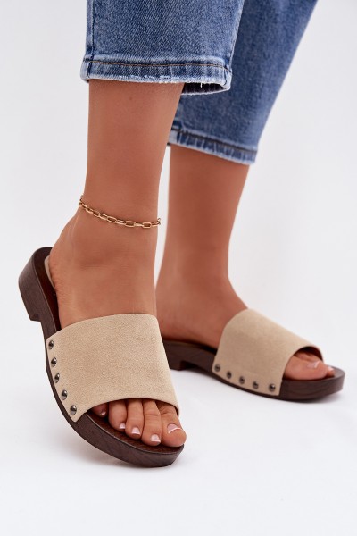 Women's Flat Beige Slides With Buckles Amelvessa