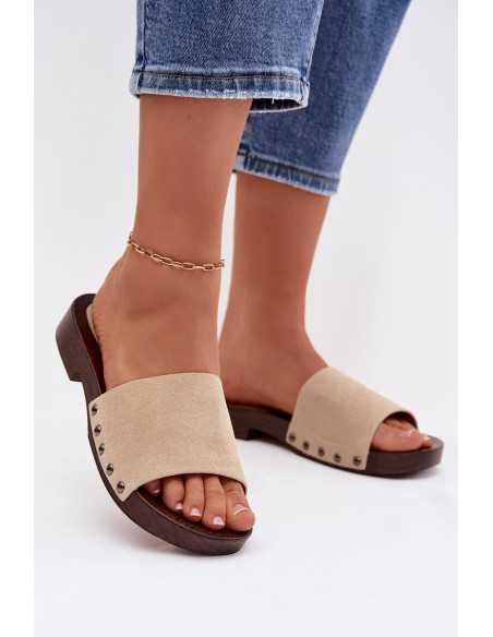 Women's Flat Beige Slides With Buckles Amelvessa