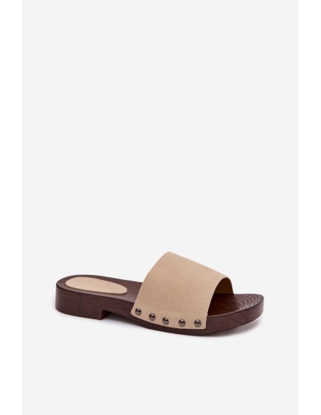 Women's Flat Beige Slides With Buckles Amelvessa