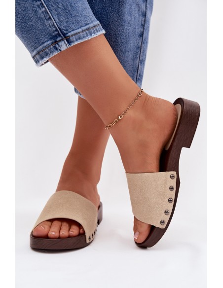 Women's Flat Beige Slides With Buckles Amelvessa