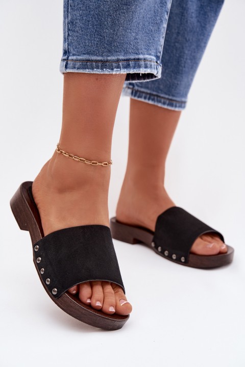 Women's Flat Black Studded Slides Amelvessa