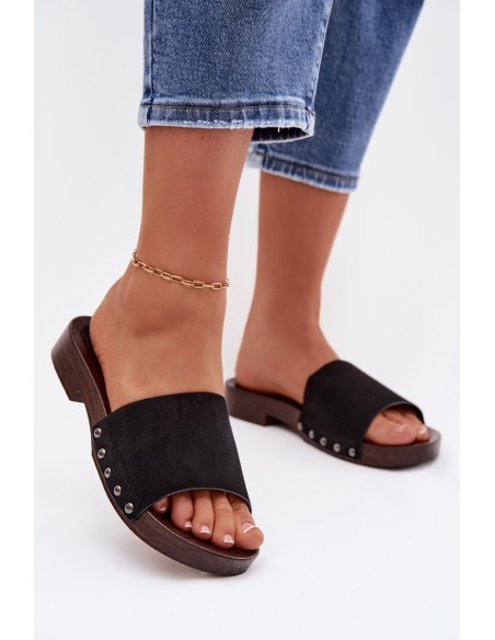 Women's Flat Black Studded Slides Amelvessa