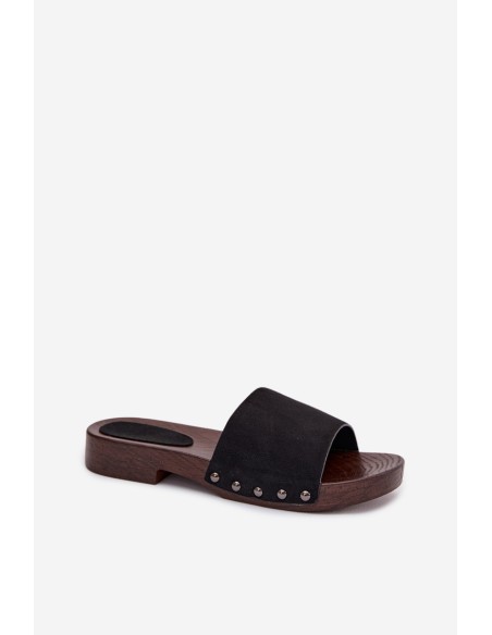Women's Flat Black Studded Slides Amelvessa