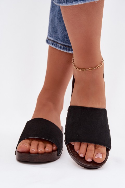 Women's Flat Black Studded Slides Amelvessa