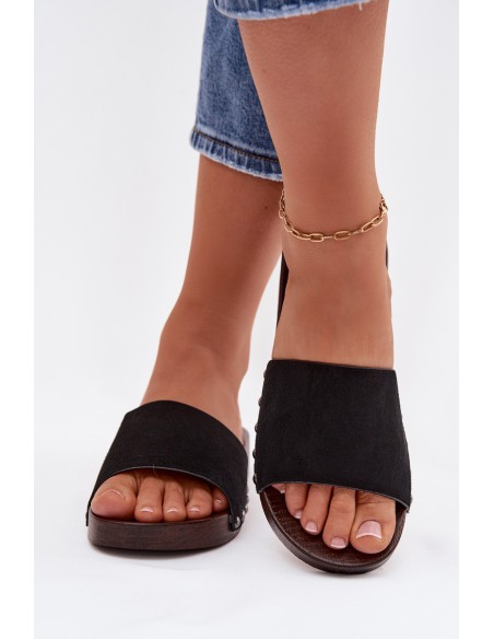 Women's Flat Black Studded Slides Amelvessa