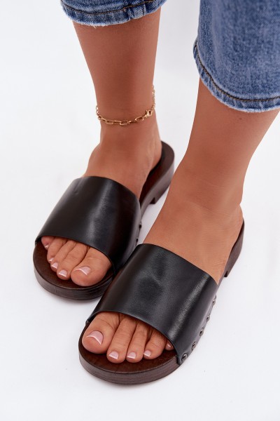 Women's Flat Black Slide Sandals With Buckles Brinalle