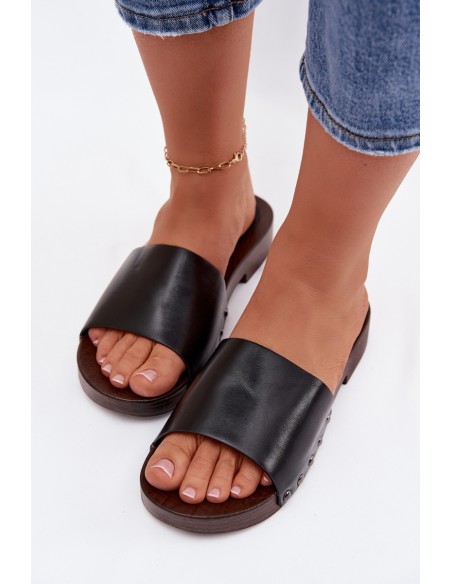 Women's Flat Black Slide Sandals With Buckles Brinalle