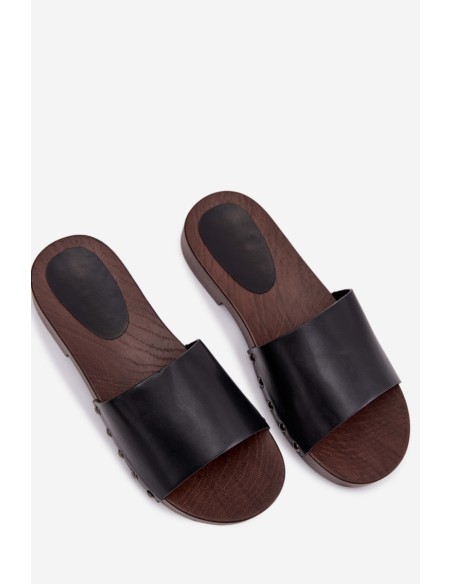 Women's Flat Black Slide Sandals With Buckles Brinalle