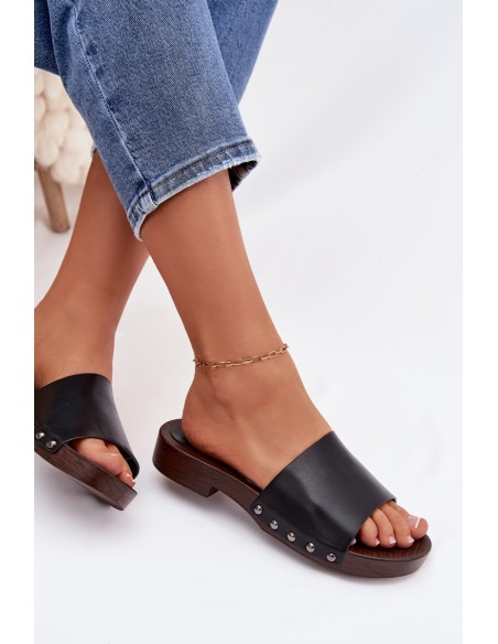 Women's Flat Black Slide Sandals With Buckles Brinalle