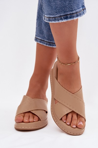 Decorated Women's Platform Sandals Made of Eco Leather Beige Calorissa