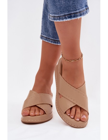 Decorated Women's Platform Sandals Made of Eco Leather Beige Calorissa