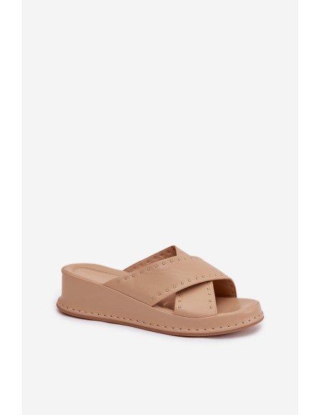 Decorated Women's Platform Sandals Made of Eco Leather Beige Calorissa