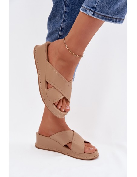 Decorated Women's Platform Sandals Made of Eco Leather Beige Calorissa