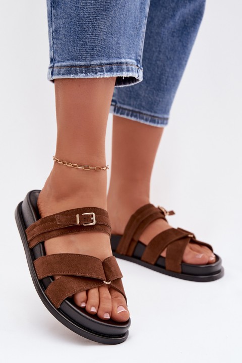 Women's Strappy Brown Slide with Gold Buckle Selorina