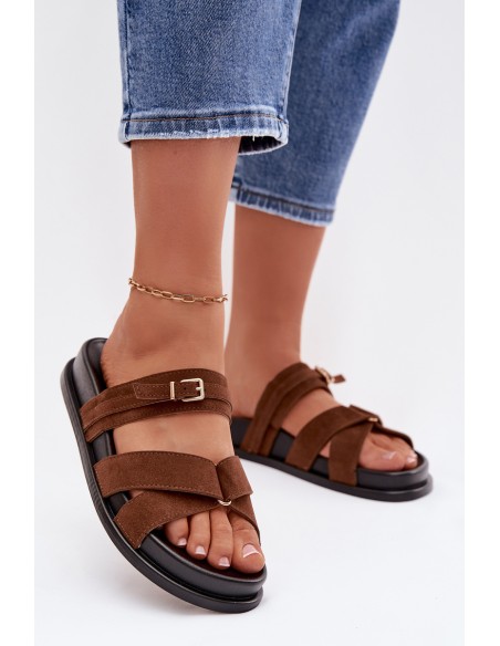 Women's Strappy Brown Slide with Gold Buckle Selorina