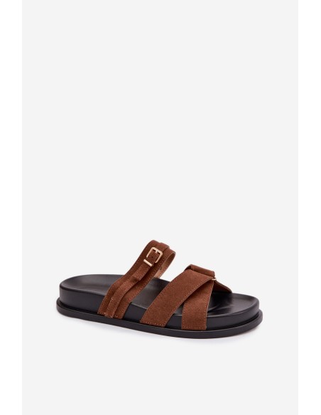 Women's Strappy Brown Slide with Gold Buckle Selorina