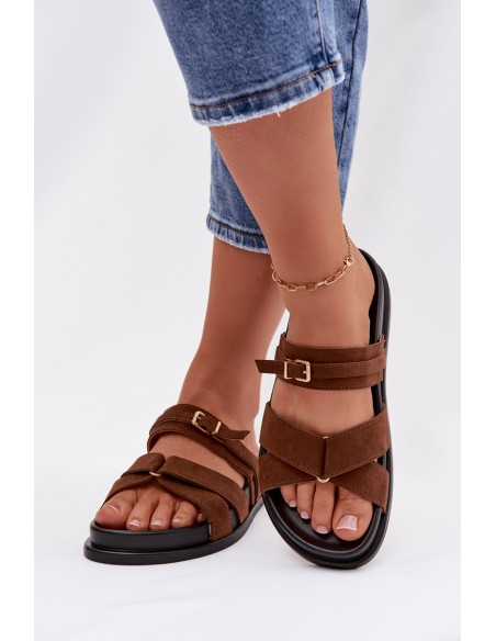 Women's Strappy Brown Slide with Gold Buckle Selorina