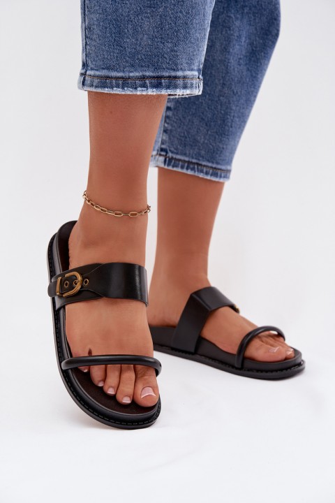 Women's Black Slides With Gold Buckle Sarilisse