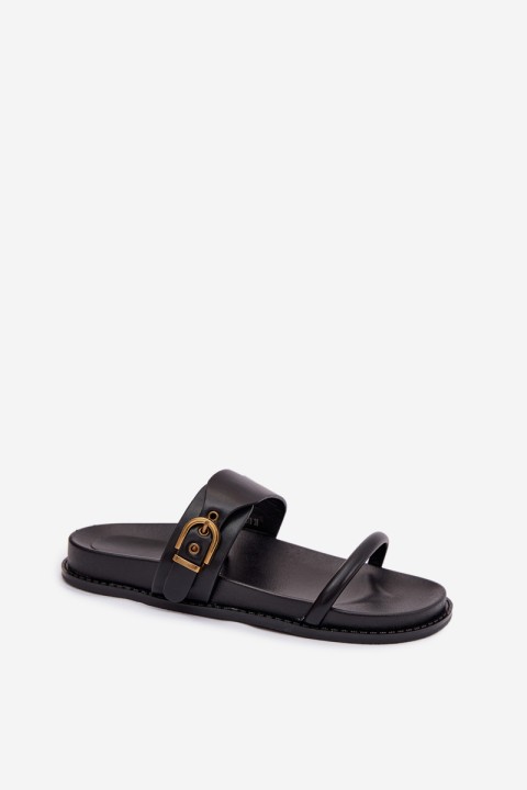 Women's Black Slides With Gold Buckle Sarilisse
