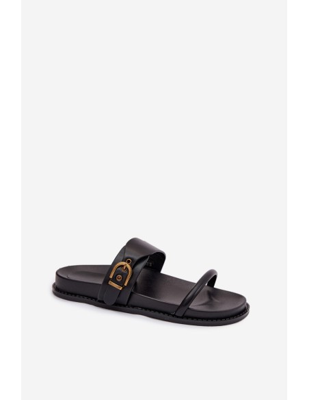 Women's Black Slides With Gold Buckle Sarilisse