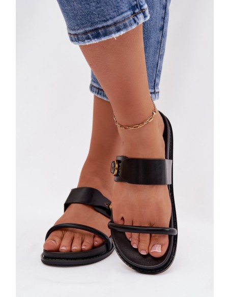 Women's Black Slides With Gold Buckle Sarilisse