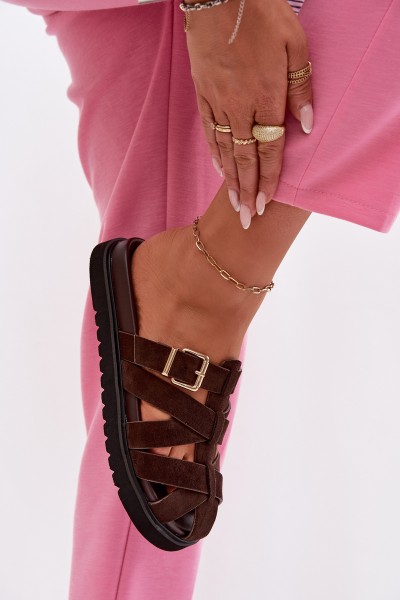 Women's Strappy Chocolate Roselisse Slides With Gold Buckle