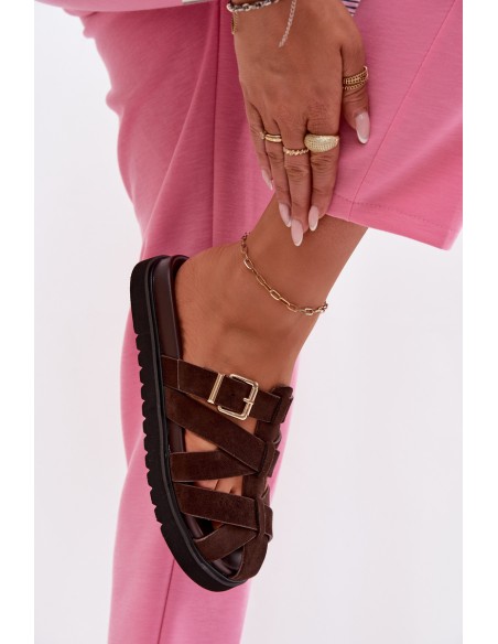 Women's Strappy Chocolate Roselisse Slides With Gold Buckle