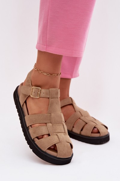 Women's Roman Sandals With Gold Buckle On Platform Beige Terelina