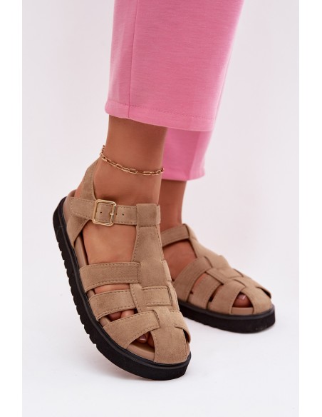 Women's Roman Sandals With Gold Buckle On Platform Beige Terelina