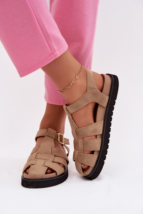 Women's Roman Sandals With Gold Buckle On Platform Beige Terelina